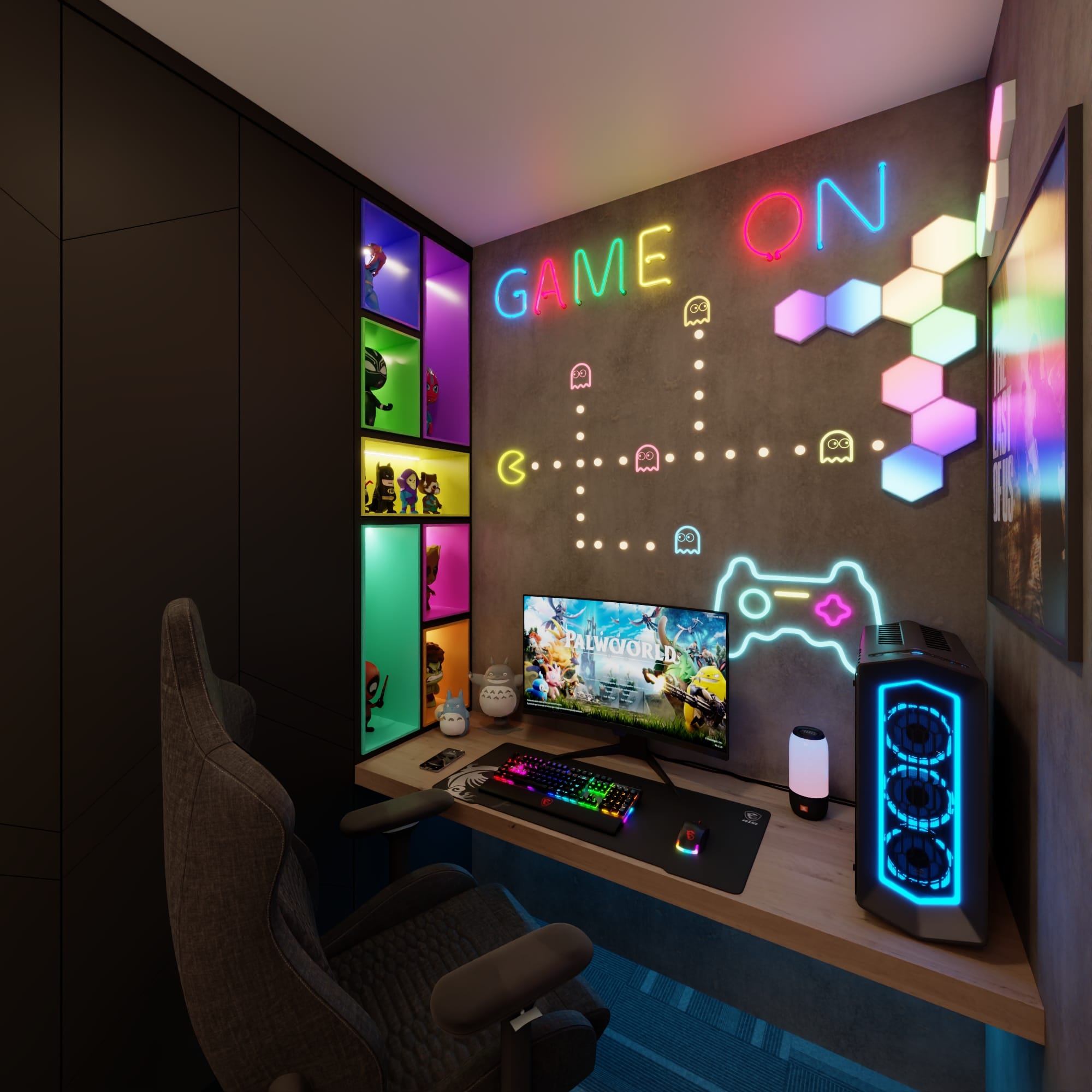Design de quarto gamer imersivo em Sorocaba-SP, destacando interiores personalizados e tecnologia avançada para experiências únicas - Studio Poen Arquitetura